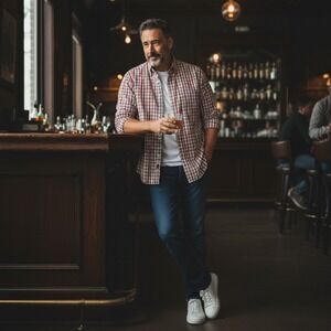 Rye 51 Mens Plaid Button Down Shirt Red White Navy Long Sleeve Size M EUC